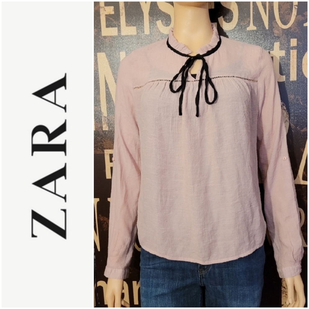 Zara Sheer Long Sleeve Peasant Blouse With Tie Front Detail & Cuffed Sleeves